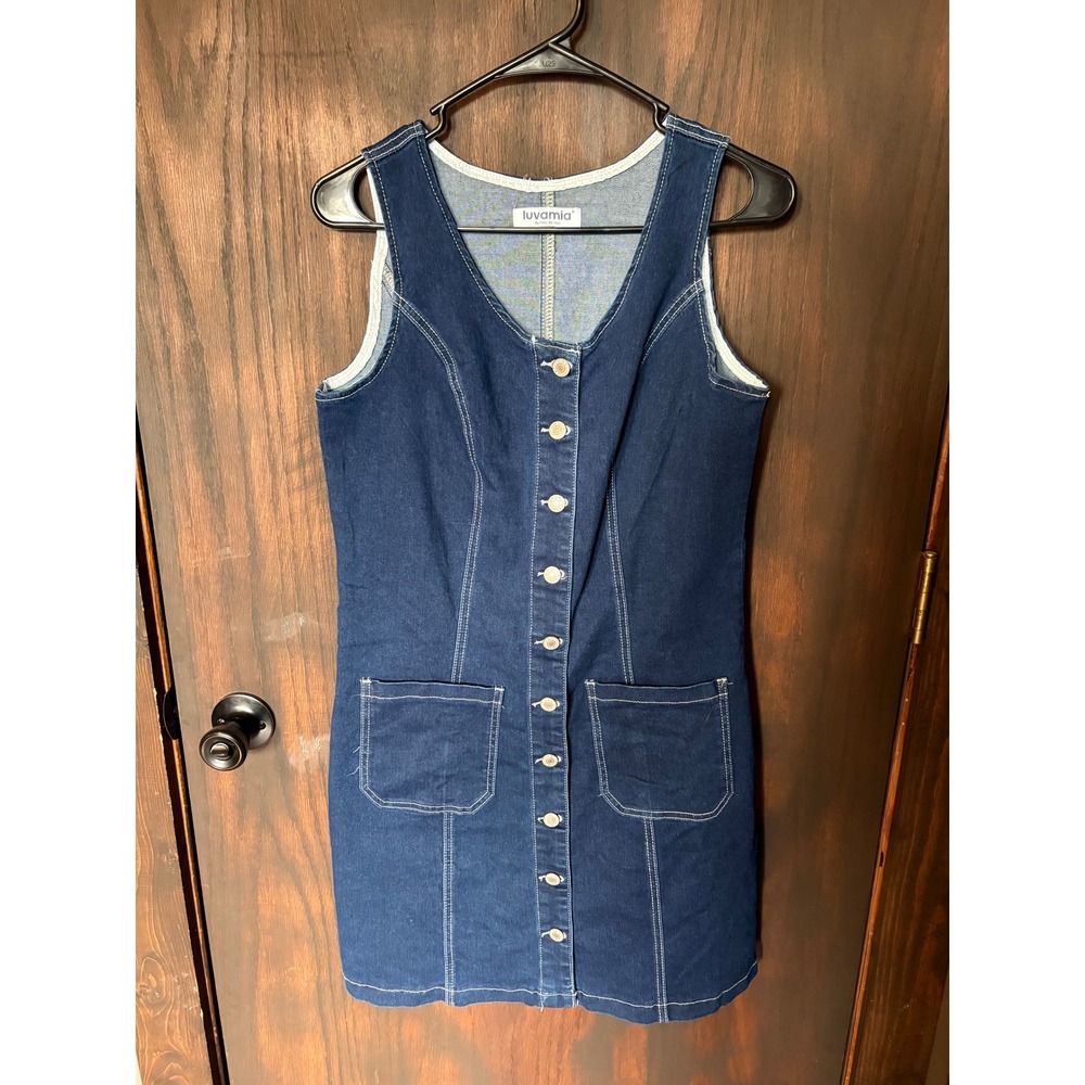 Luvamia Womens Denim Button Down Mini Dress Dark Wash Sleeveless V-Neck Small